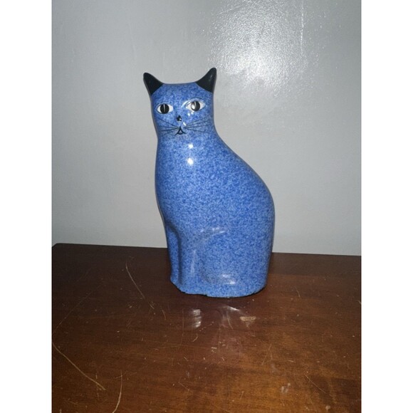 Vintage Enesco Cobalt Blue Flat Cat Spongeware Ceramic Statue Figurine 10 “ Tall - Picture 1 of 7